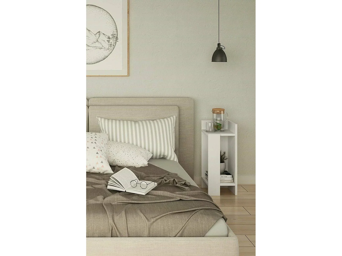 Chevet Libra, Commode basse, Table de nuit, Étagère de chevet, 25x27h60 cm, Blanc