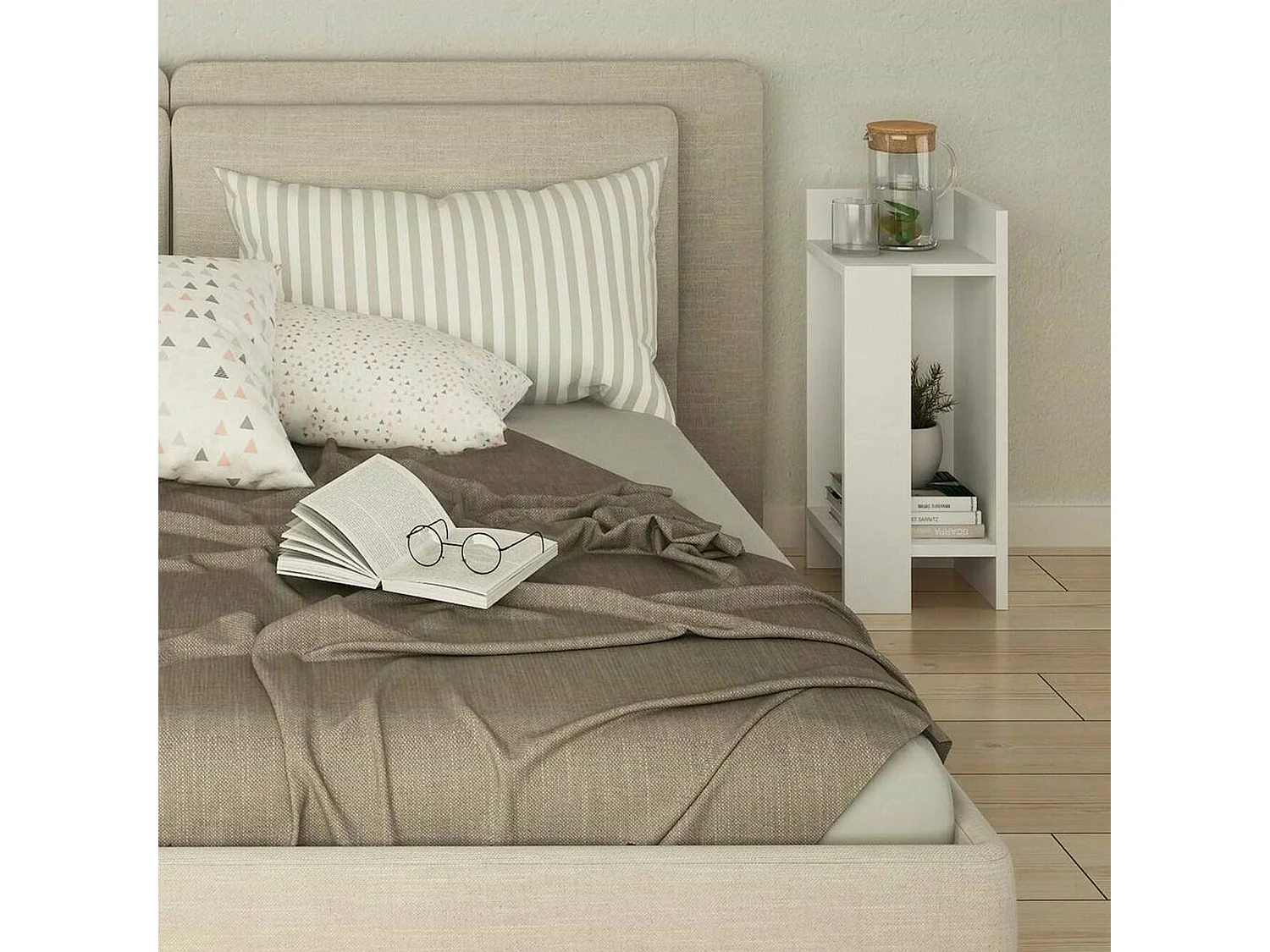 Chevet Libra, Commode basse, Table de nuit, Étagère de chevet, 25x27h60 cm, Blanc
