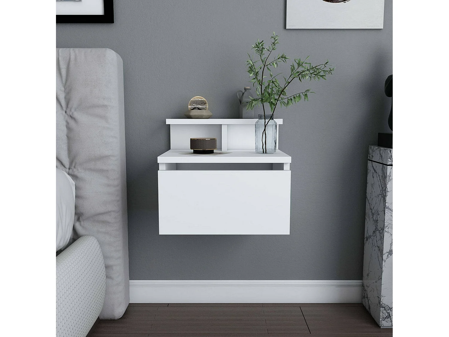 Chevet Sadr, Commode basse, Table de nuit, Étagère de chevet, 40x32h35 cm, Blanc