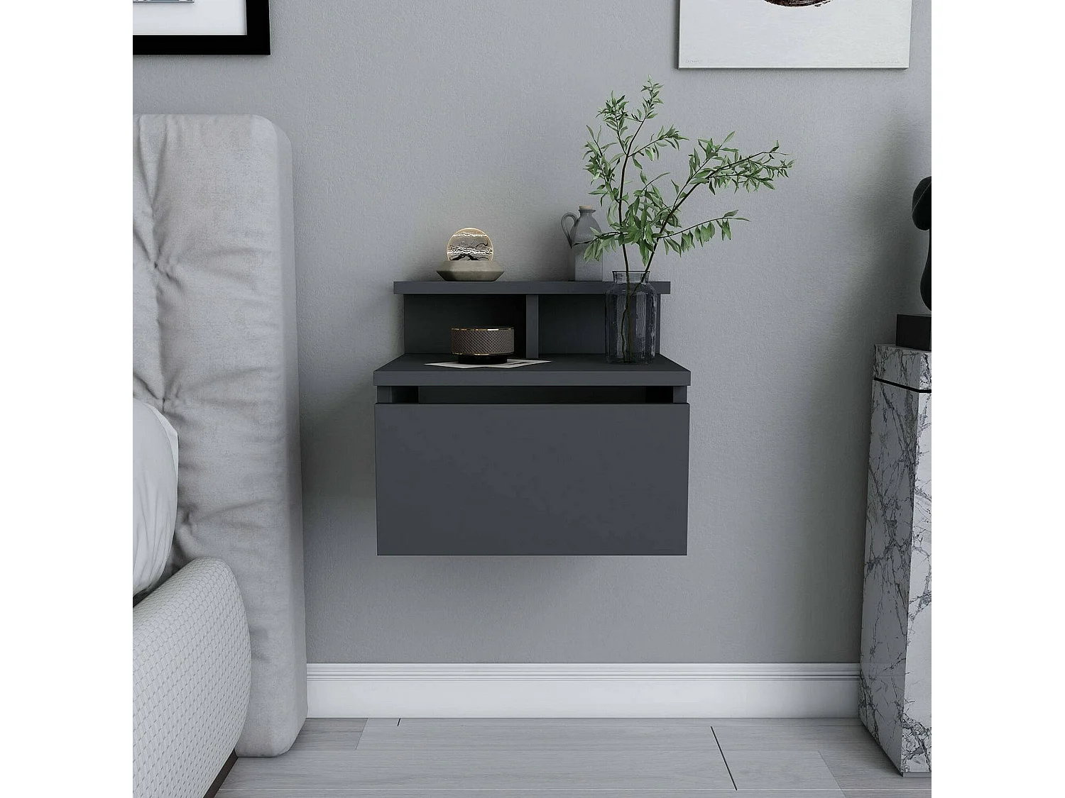 Chevet Sadr, Commode basse, Table de nuit, Étagère de chevet, 40x32h35 cm, Anthracite