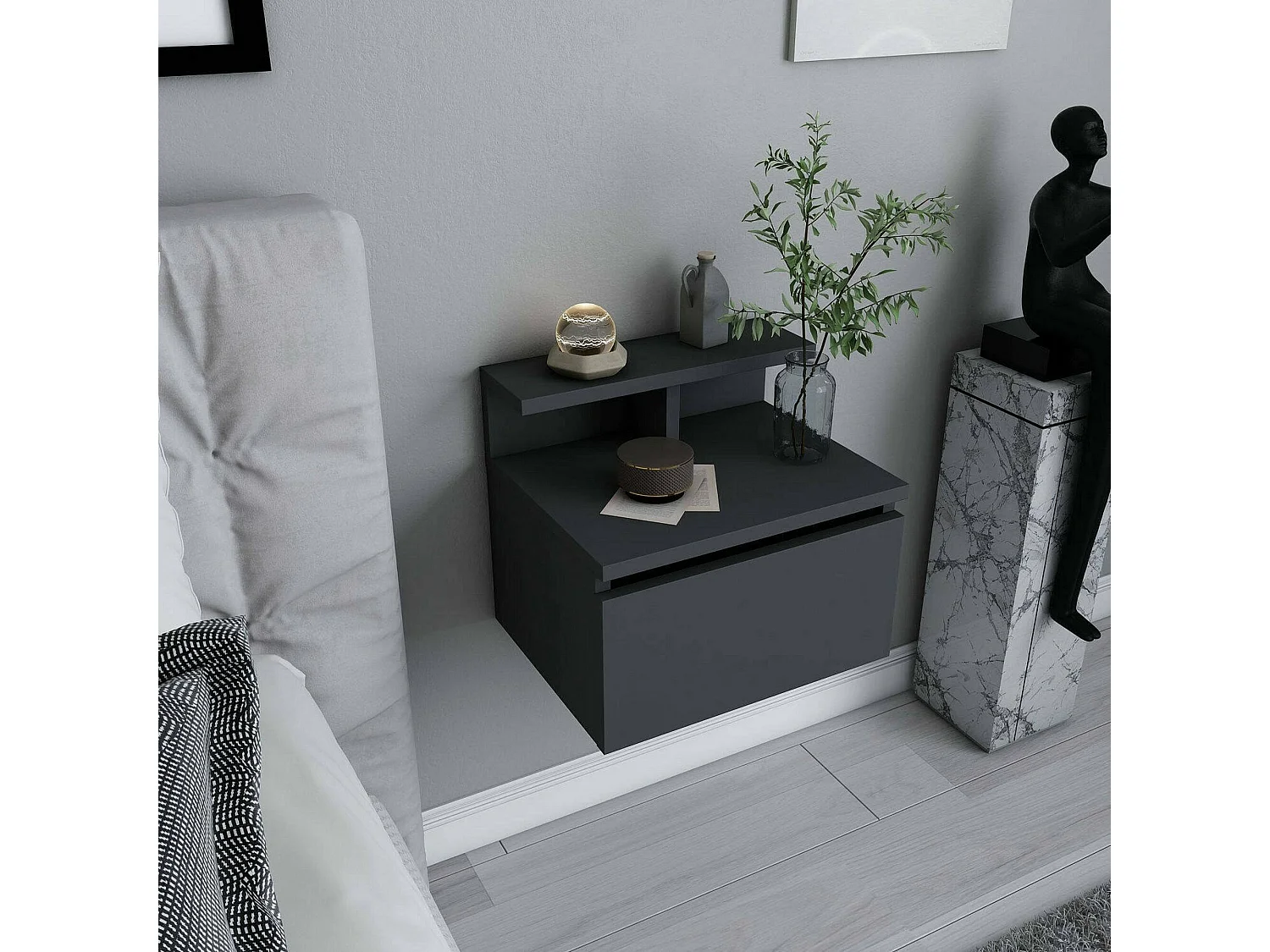 Mesa de cabeceira Dpezzol, Cômoda baixa, Mesa de cabeceira, Prateleira de cabeceira, 40x32h35 cm, Antracite