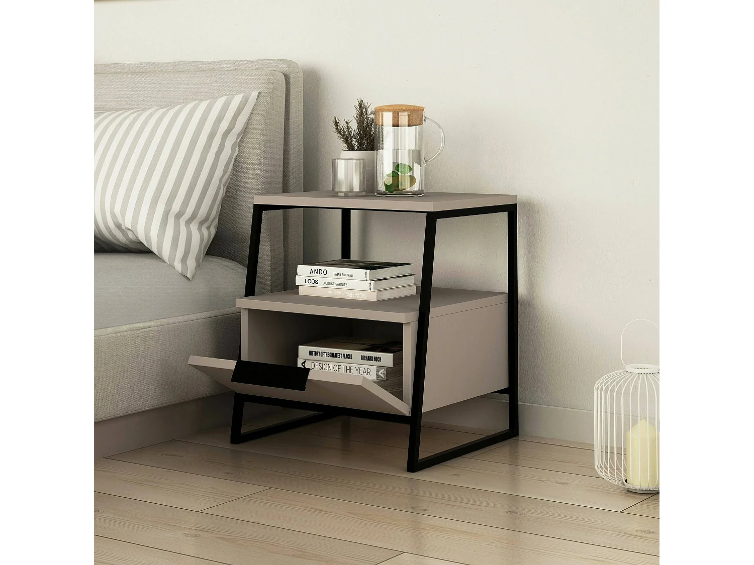 Chevet Dubhe, Commode basse, Table de nuit, Étagère de chevet, 45x40h50 cm, Tourterelle