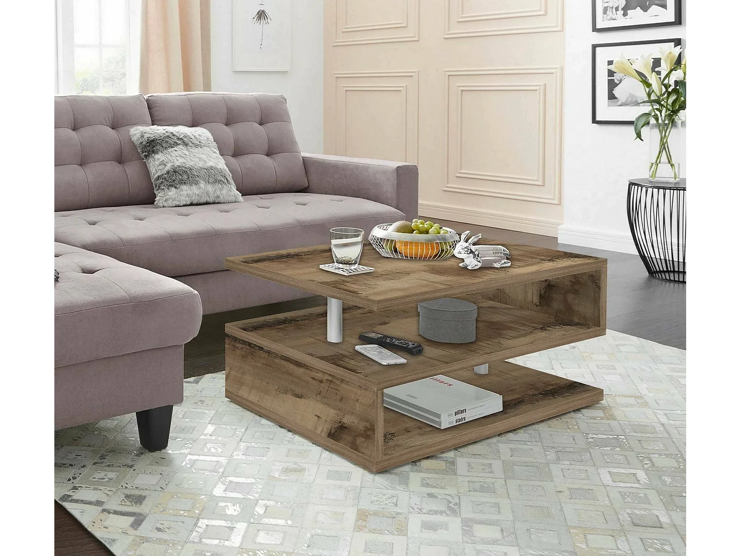 Table basse Goffredo, Table basse de salon, Meuble de rangement bas, Table basse, 90x55h41 cm, Érable