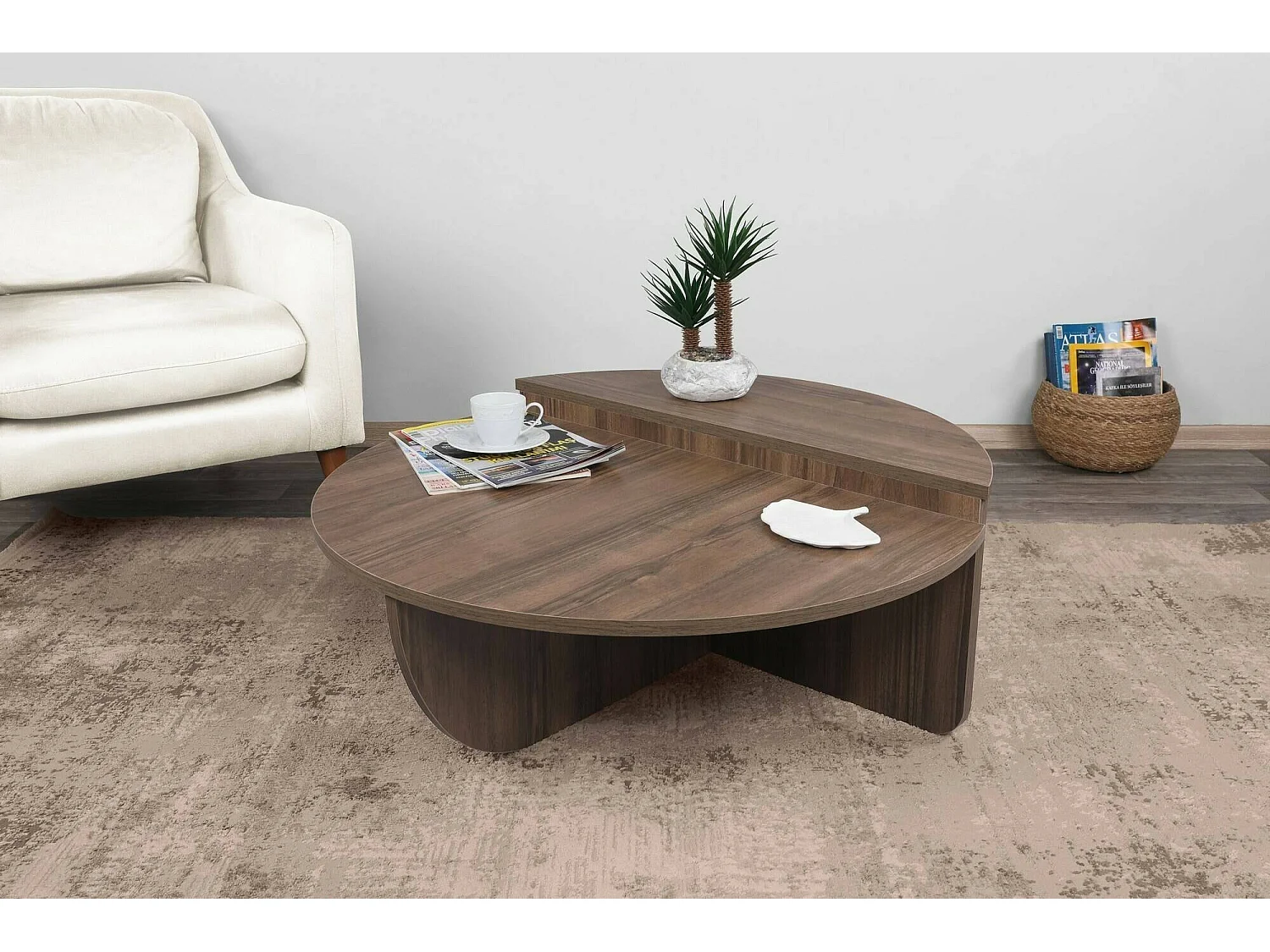 Table basse Canopus, Table basse, Porte-revues pour canapé, Etagère de salon, 90x90h35 cm, Noyer Foncé