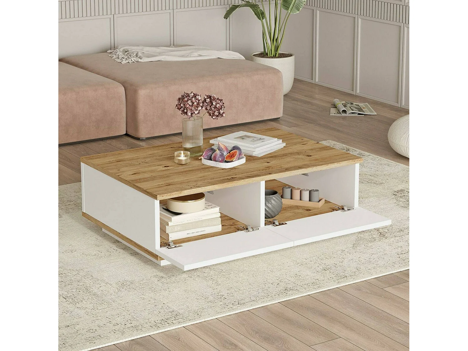 Table basse Marfik, Table basse, Porte-revues pour canapé, Etagère de salon, 90x60h29 cm, Chêne et Blanc