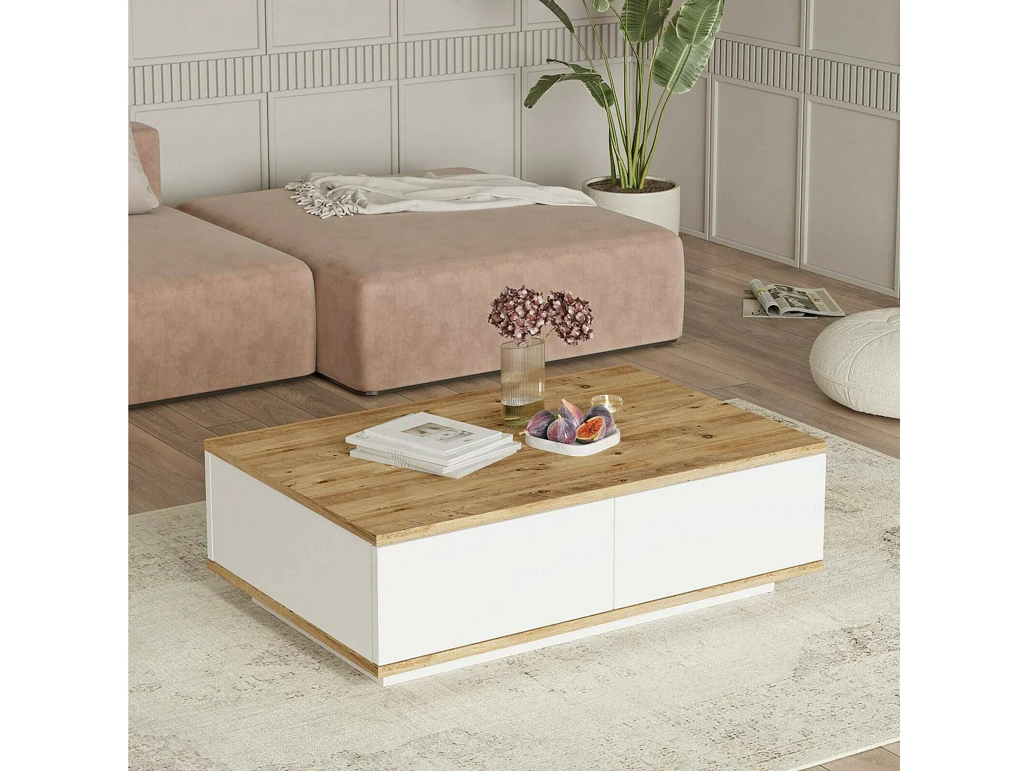 Table basse Marfik, Table basse, Porte-revues pour canapé, Etagère de salon, 90x60h29 cm, Chêne et Blanc