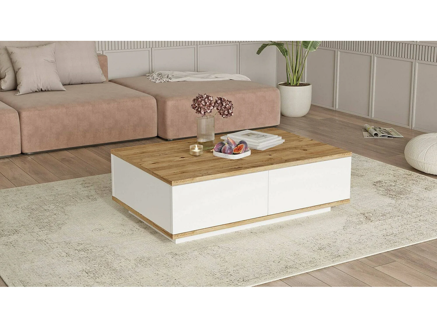 Table basse Marfik, Table basse, Porte-revues pour canapé, Etagère de salon, 90x60h29 cm, Chêne et Blanc