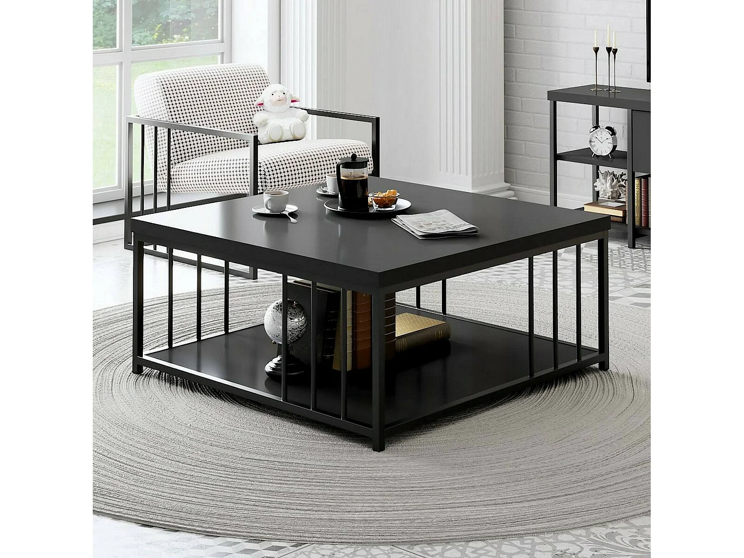 Mesa de café Dfedrizz, Mesa de café, Suporte de revistas para sofá, Prateleira para sala de estar, 90x90h40 cm, Antracite e Preto