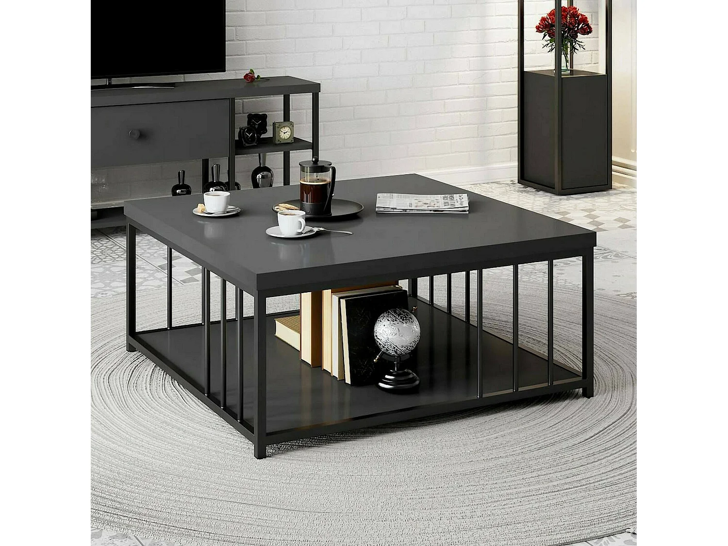 Mesa de café Dfedrizz, Mesa de café, Suporte de revistas para sofá, Prateleira para sala de estar, 90x90h40 cm, Antracite e Preto