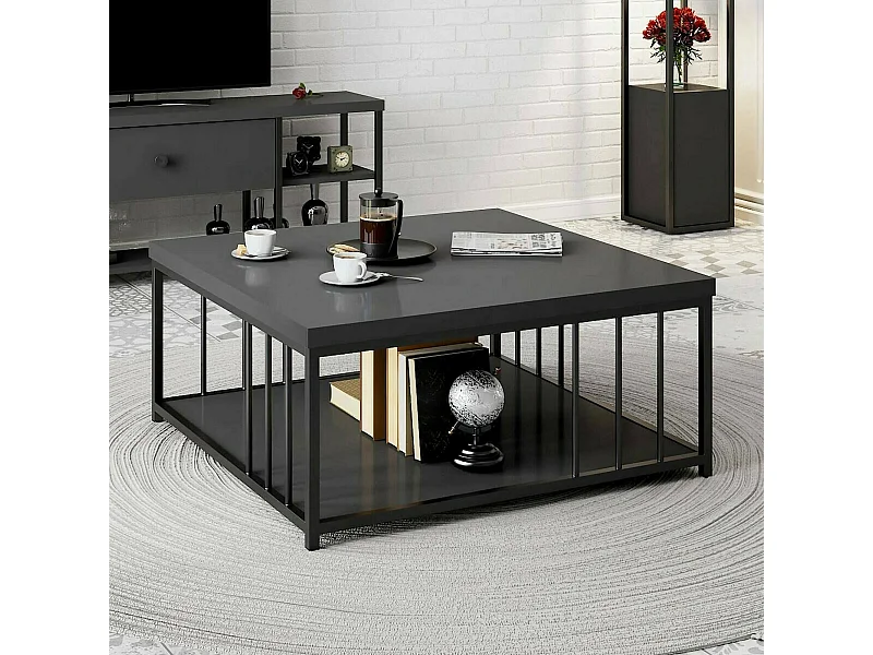 Table basse Ankaa, Table basse, Porte-revues pour canapé, Etagère de salon, 90x90h40 cm, Anthracite et Noir
