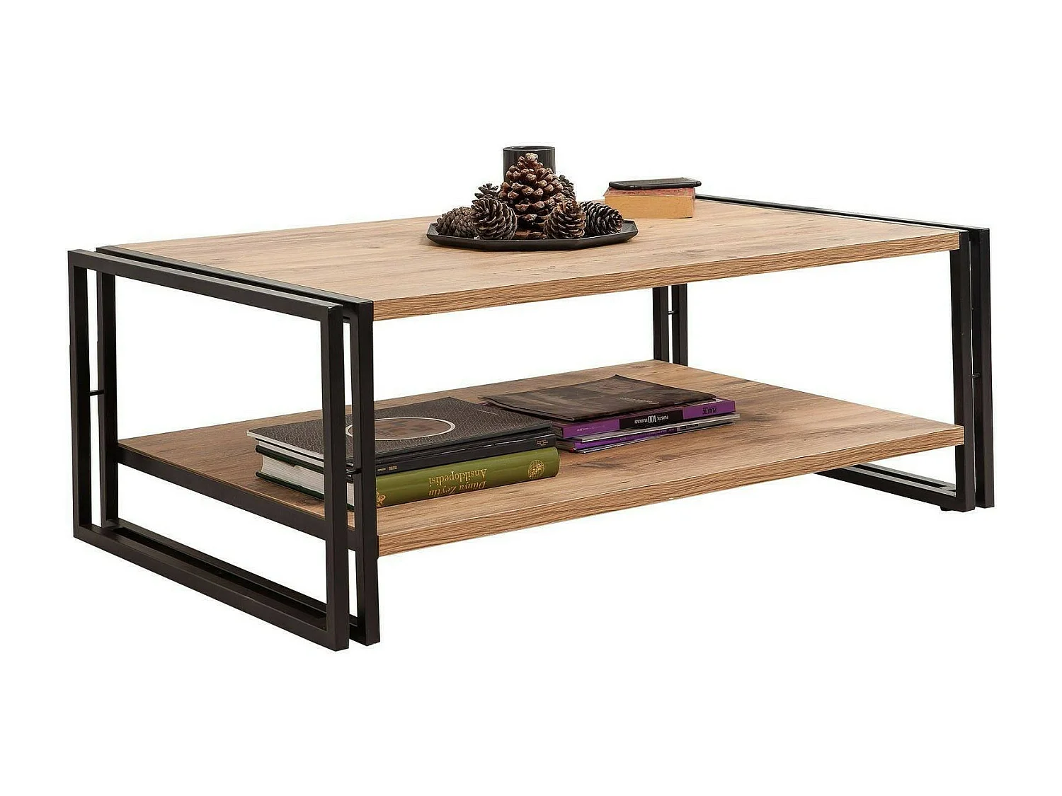 Table basse Sirius, Table basse, Porte-revues pour canapé, Etagère de salon, 110x70h40 cm, Chêne et Noir