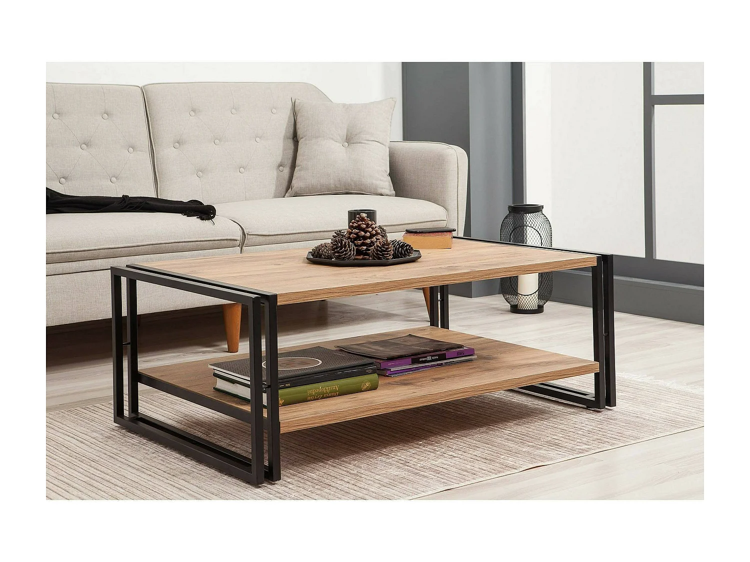 Table basse Sirius, Table basse, Porte-revues pour canapé, Etagère de salon, 110x70h40 cm, Chêne et Noir