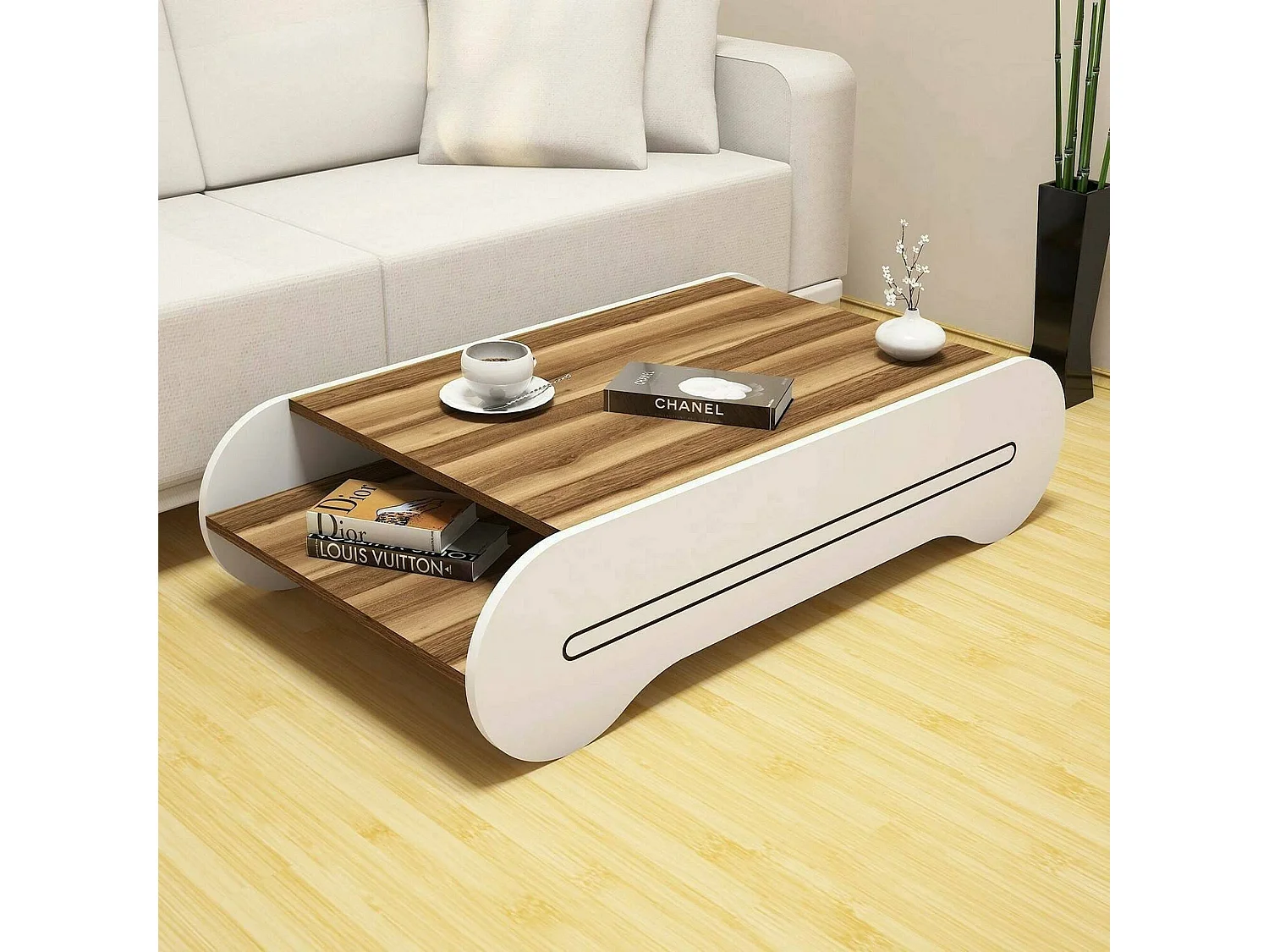 Wohnzimmertisch Dmicheli, Niedriger Wohnzimmertisch, Kaffeeregal, Couchtisch für Sofa, 120x64h30 cm, Walnuss und WeiÃŸ