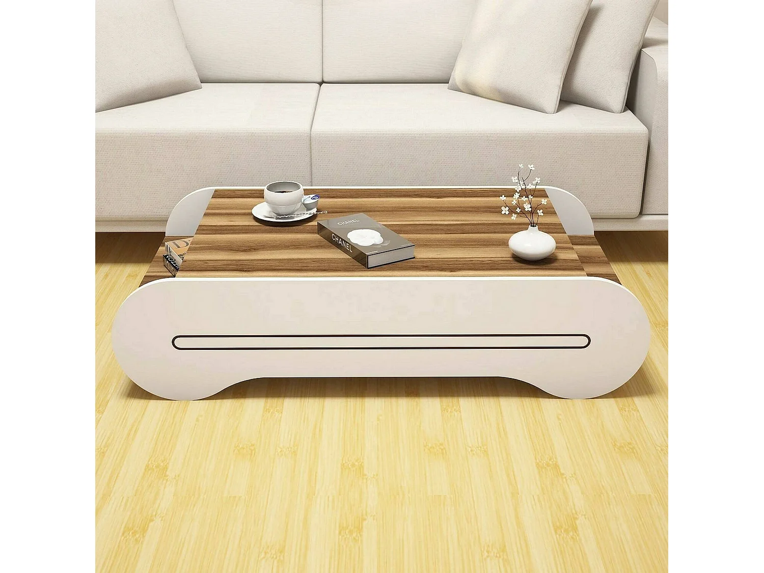 Wohnzimmertisch Dmicheli, Niedriger Wohnzimmertisch, Kaffeeregal, Couchtisch für Sofa, 120x64h30 cm, Walnuss und WeiÃŸ