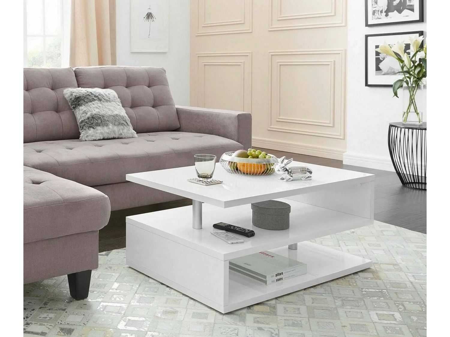 Tafel in de woonkamerDcambias, bijzetmeubel, laag opstandmeubel, koffietaf, 90x55h41 cm, glanzend wit