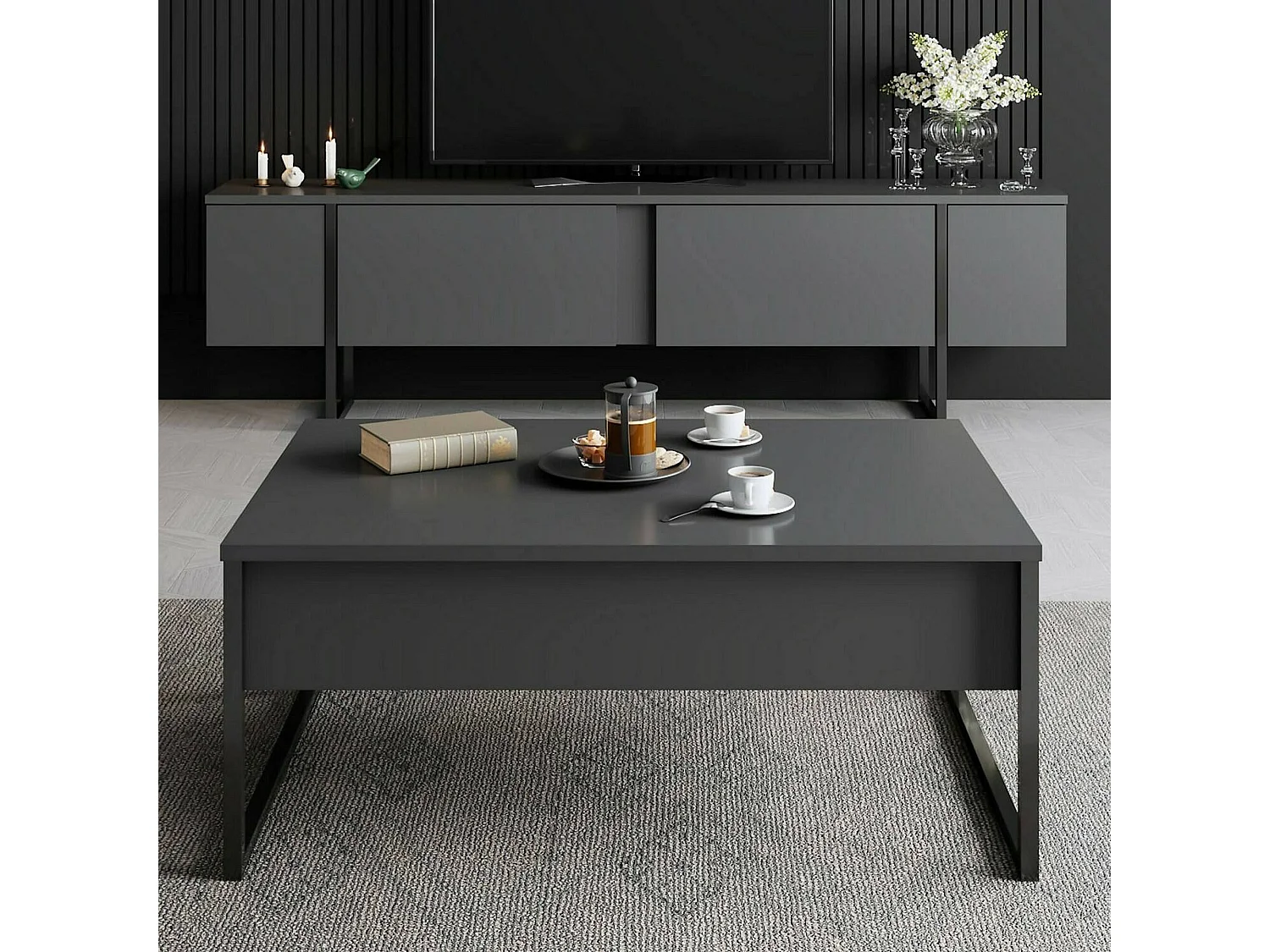 Mesa de café Dgiagnon, Mesa de centro baja, Revistero para sofá, Estante de la sala de estar, 90x60h40 cm, Antracita y Negro
