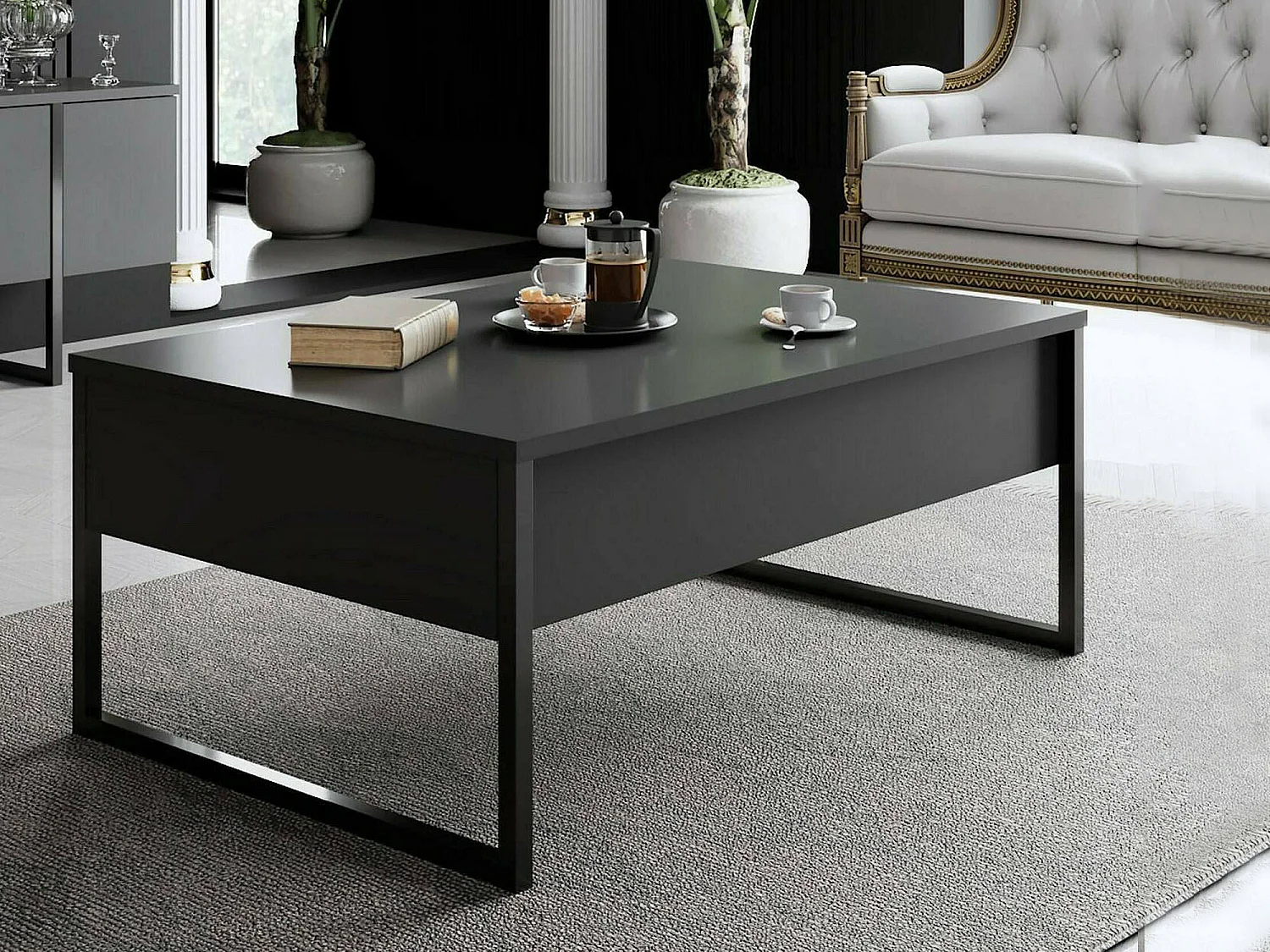 Mesa de café Dgiagnon, Mesa de centro baja, Revistero para sofá, Estante de la sala de estar, 90x60h40 cm, Antracita y Negro