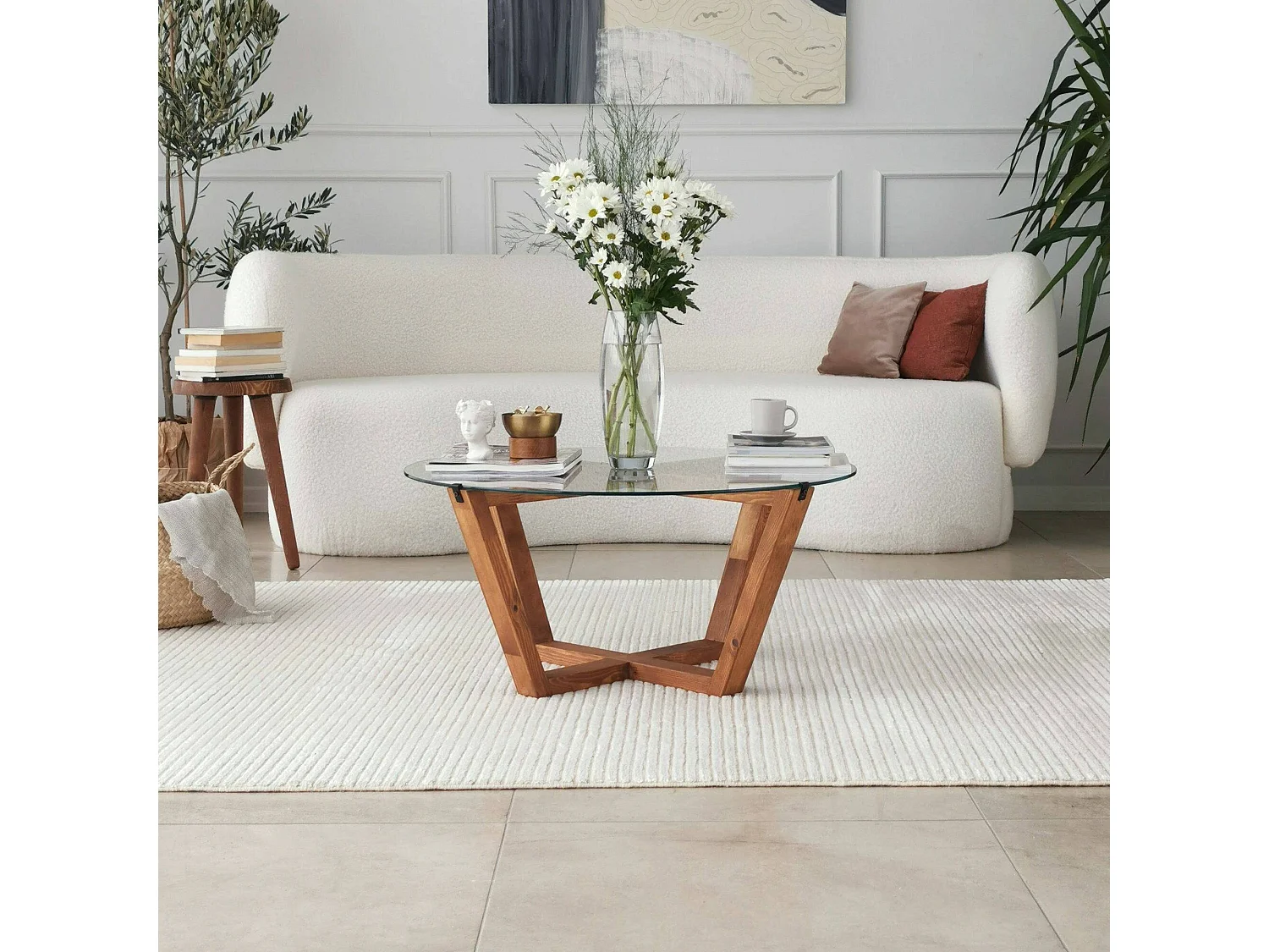 Mesa de centro Agatha, revistero, 75x75x35h cm marrón nogal, forma redonda, degradado de color, estructura nogal