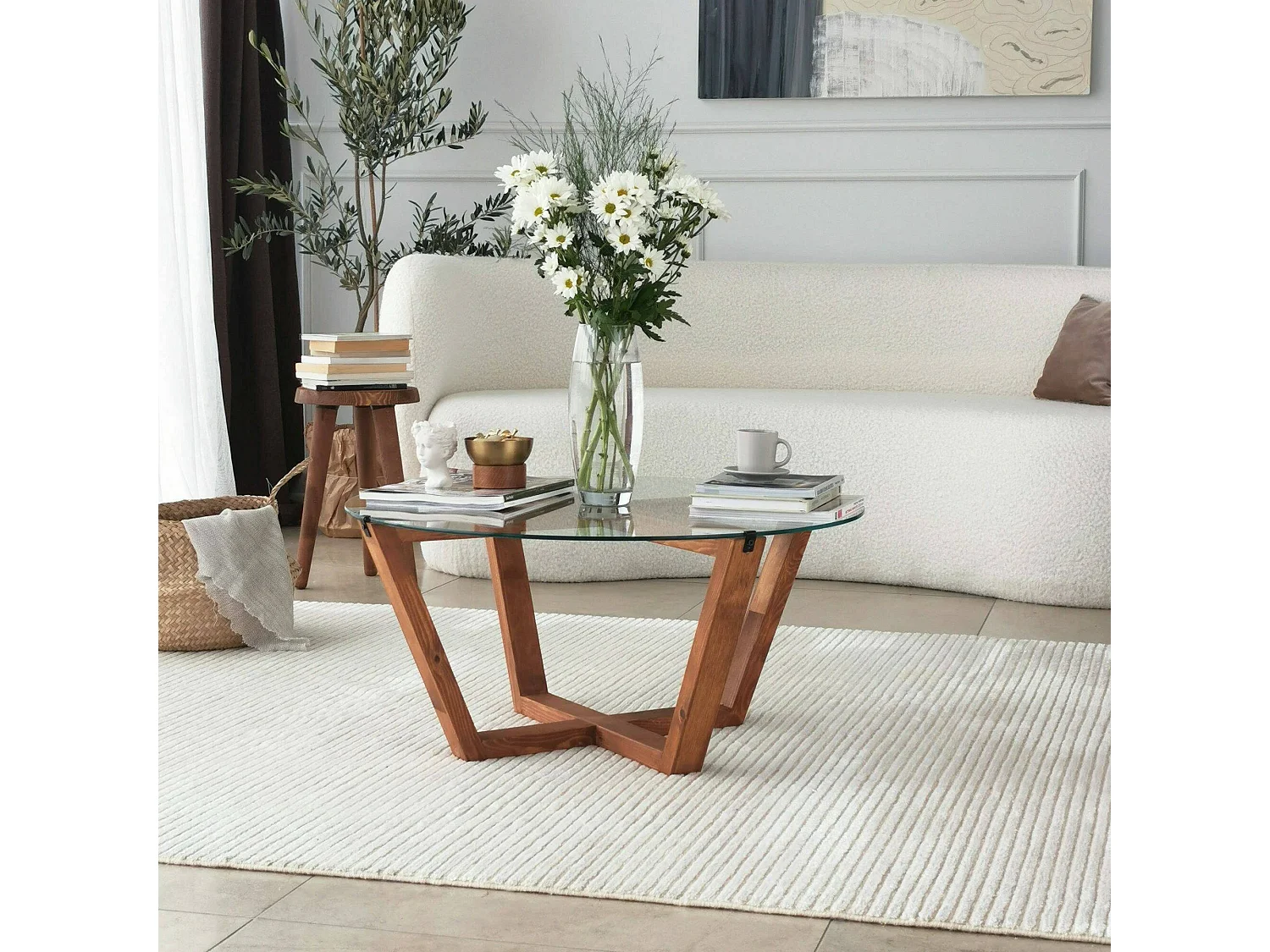 Mesa de centro Agatha, revistero, 75x75x35h cm marrón nogal, forma redonda, degradado de color, estructura nogal
