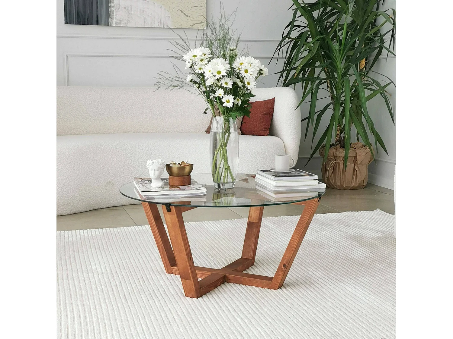 Mesa de centro Agatha, revistero, 75x75x35h cm marrón nogal, forma redonda, degradado de color, estructura nogal