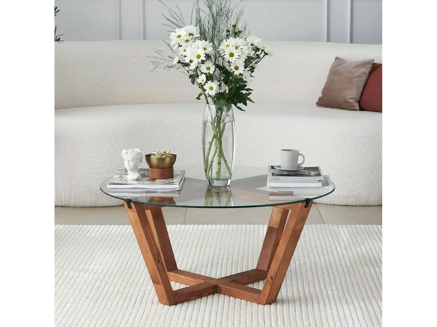 Mesa de centro Agatha, revistero, 75x75x35h cm marrón nogal, forma redonda, degradado de color, estructura nogal