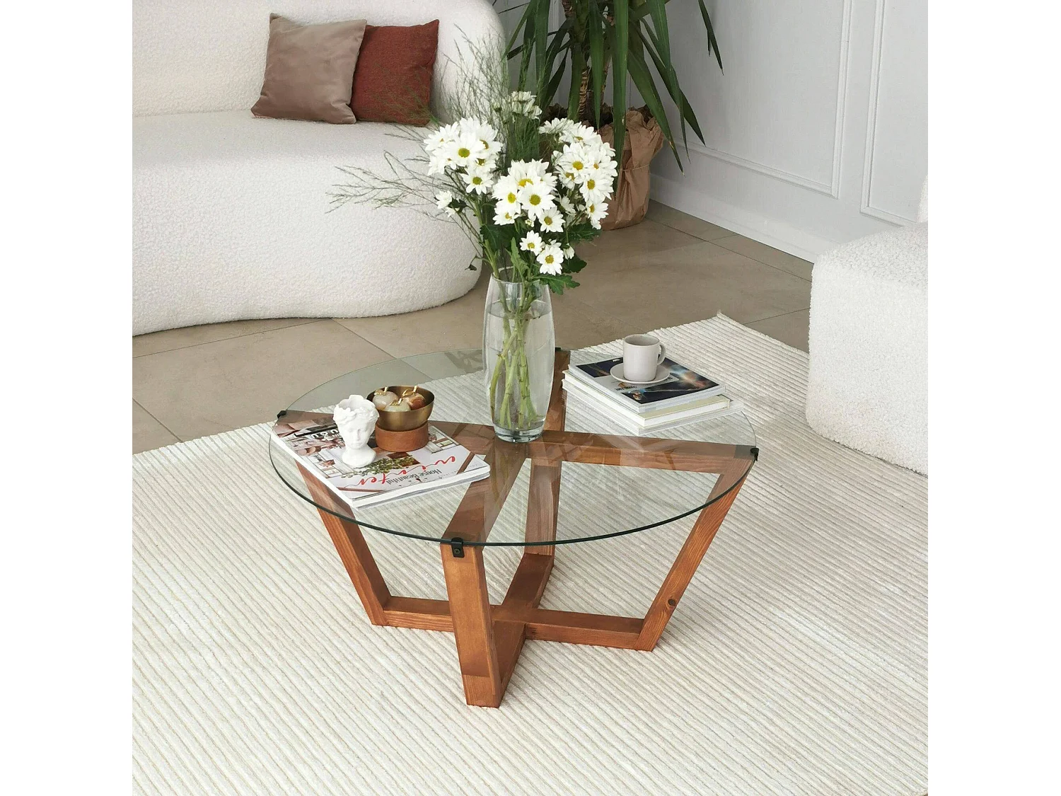 Mesa de centro Agatha, revistero, 75x75x35h cm marrón nogal, forma redonda, degradado de color, estructura nogal