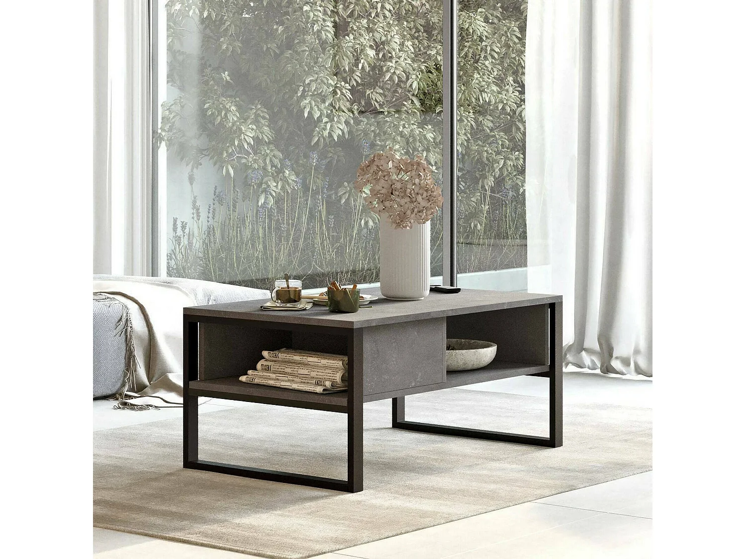 Mesa de estar Dfranzos, Mesa de café, Suporte de revistas para sofá, Prateleira para sala de estar, 100x60h44 cm, Prata