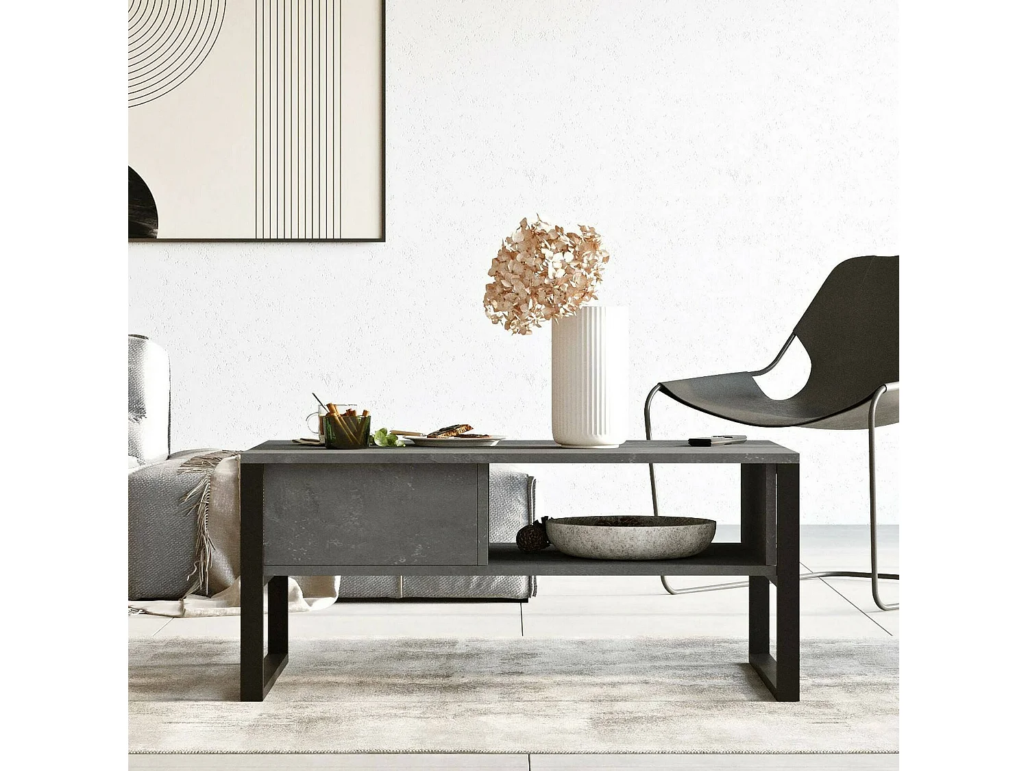 Table basse Astraia, Table basse, Porte-revues pour canapé, Etagère de salon, 100x60h44 cm, Argent