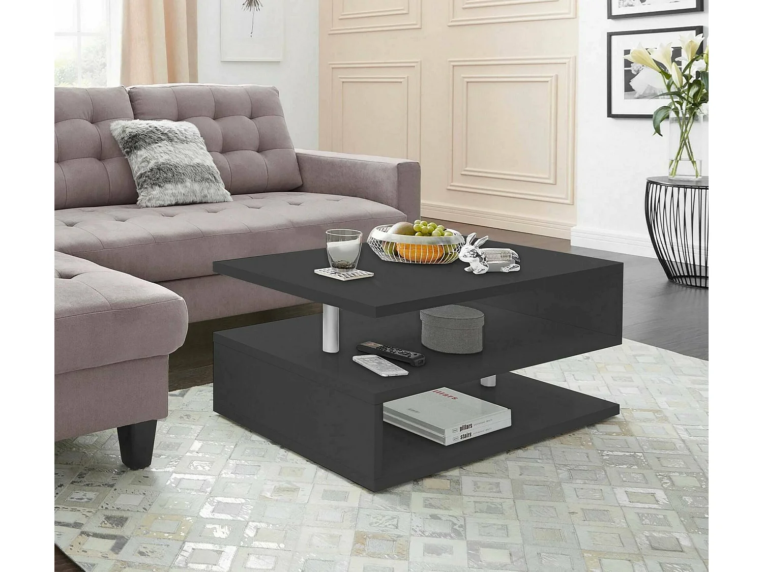Table basse Goffredo, Table basse de salon, Meuble de rangement bas, Table basse, 90x55h41 cm, Anthracite