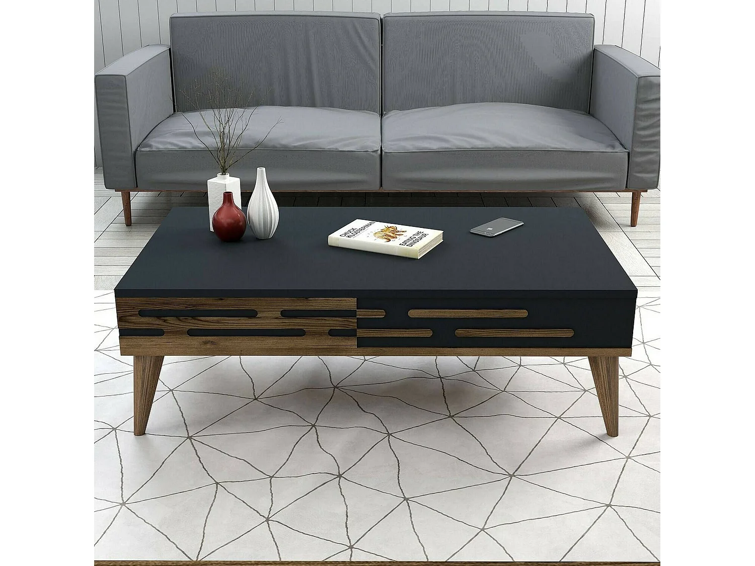 Mesa de café Dpiacent, Mesa de centro baja, Revistero para sofá, Estante de la sala de estar, 105x35h60 cm, Nogal y Antracita