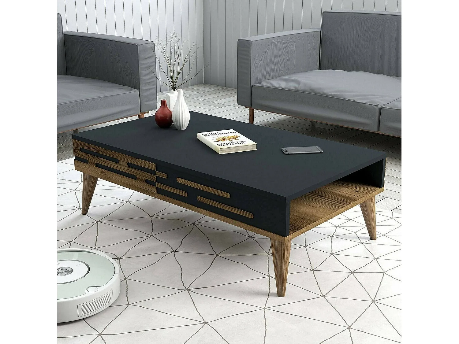 Mesa de centro Dpiacent, Mesa de café, Porta-revistas para sofá, Prateleira para sala, 105x35h60 cm, Nogueira e Antracite