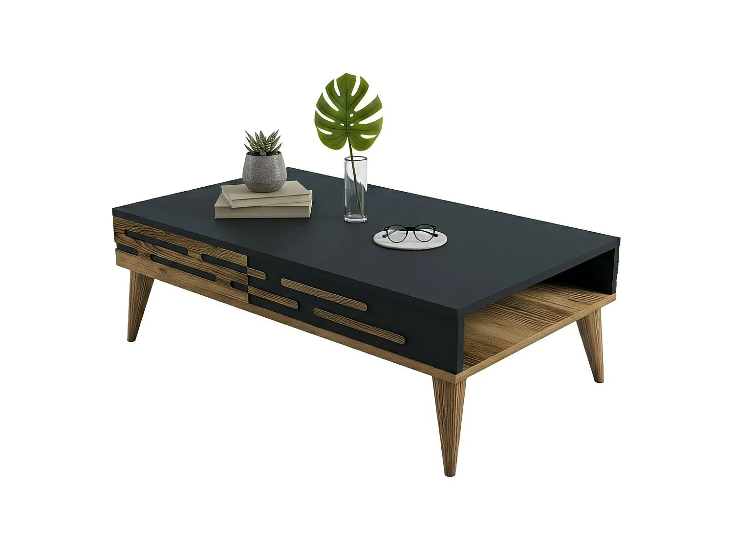 Table basse Saiph, Table basse, Porte-revues pour canapé, Etagère de salon, 105x35h60 cm, Noyer et Anthracite