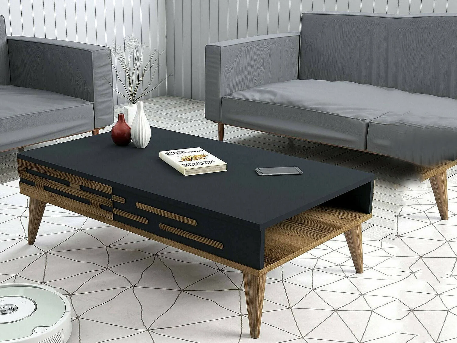 Table basse Saiph, Table basse, Porte-revues pour canapé, Etagère de salon, 105x35h60 cm, Noyer et Anthracite