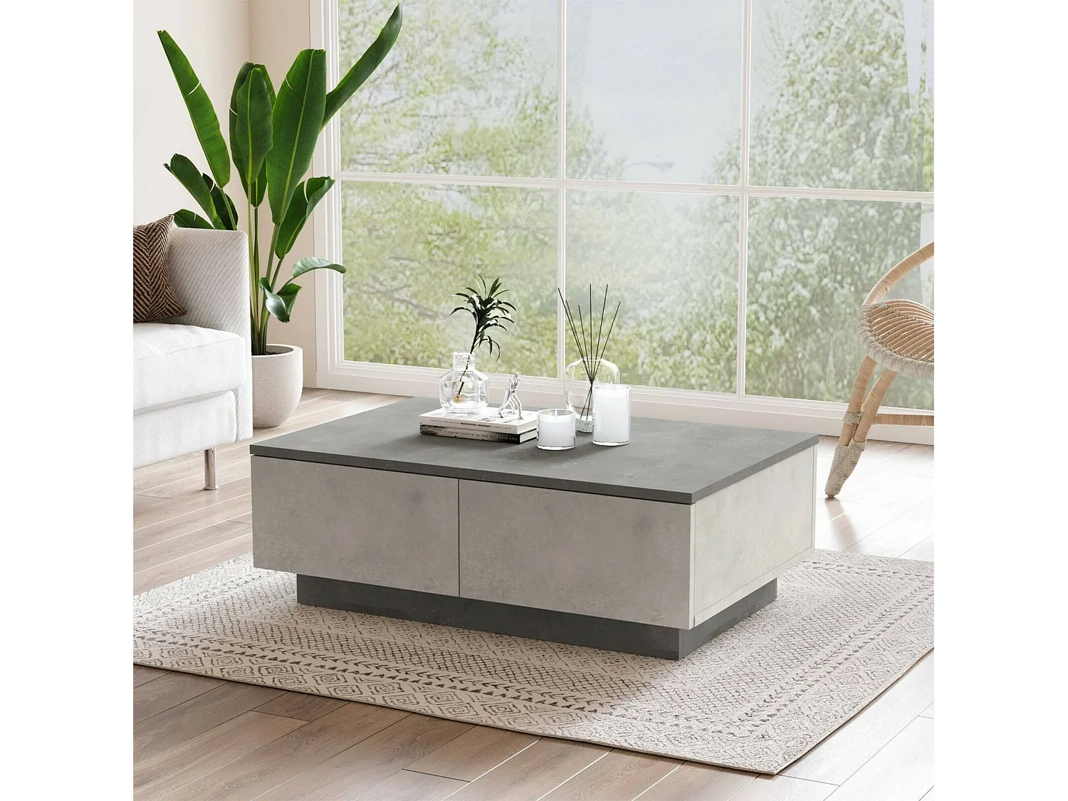 Table basse Eurus, Table basse, Porte-revues pour canapé, Etagère de salon, 90x60h32 cm, Argent et Anthracite