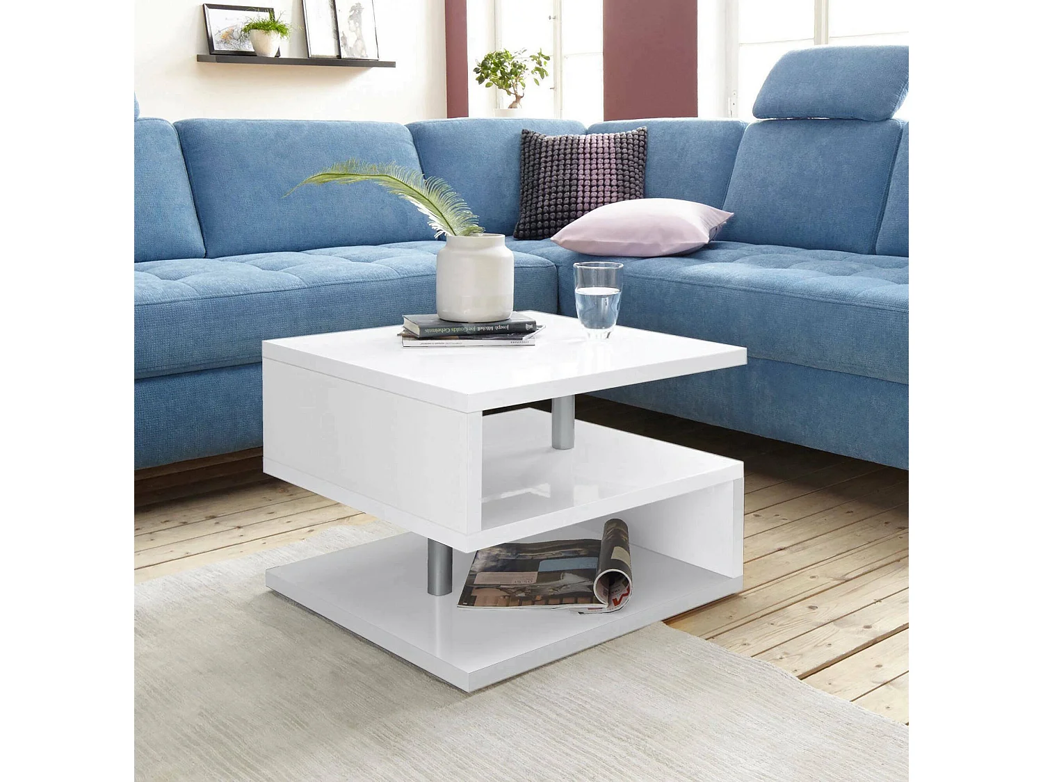 Table basse Gianni, Table basse de salon, Meuble de rangement bas, Table basse, 55x55h41 cm, Blanc brillant