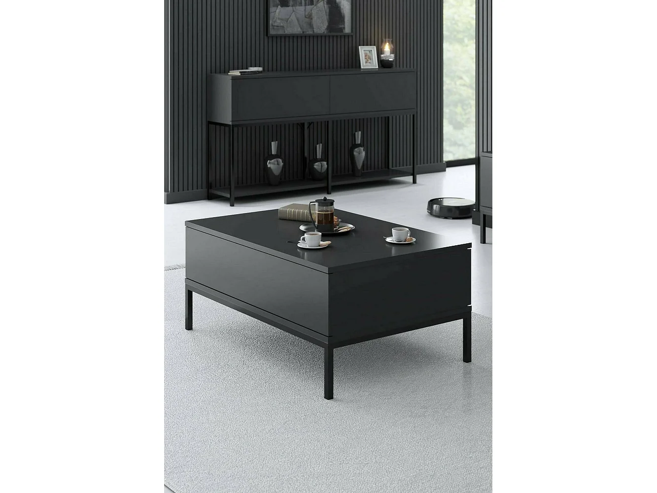 Table basse Antares, Table basse, Porte-revues pour canapé, Etagère de salon, 90x60h40 cm, Anthracite et Noir