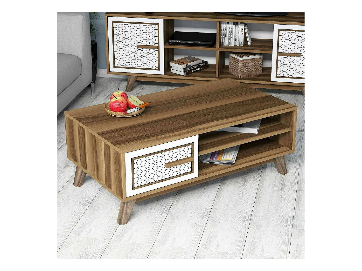 Table basse Lesath, Table basse, Porte-revues pour canapé, Etagère de salon, 105x60h38 cm, Noyer et Blanc