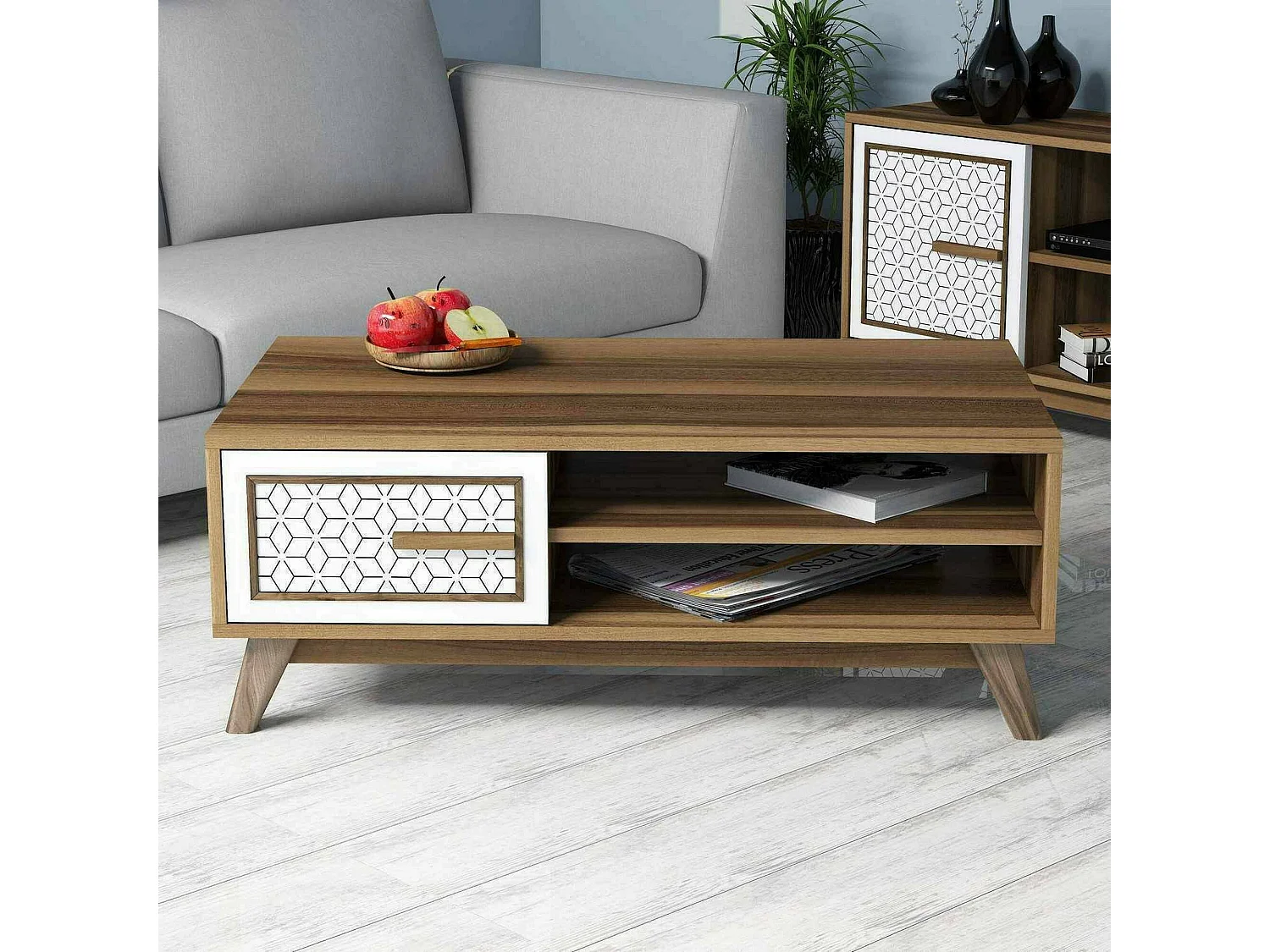 Table basse Lesath, Table basse, Porte-revues pour canapé, Etagère de salon, 105x60h38 cm, Noyer et Blanc