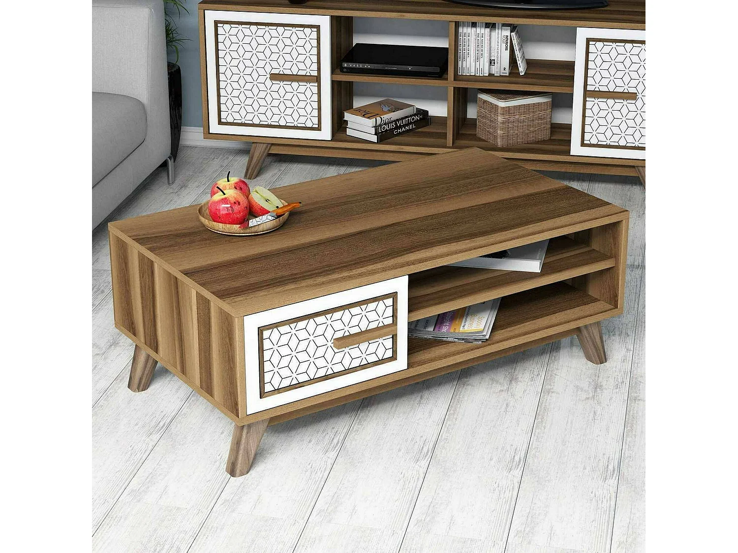 Dmora - Tavolino da salotto Thimphu, 105x60h38 cm, Noce e Bianco