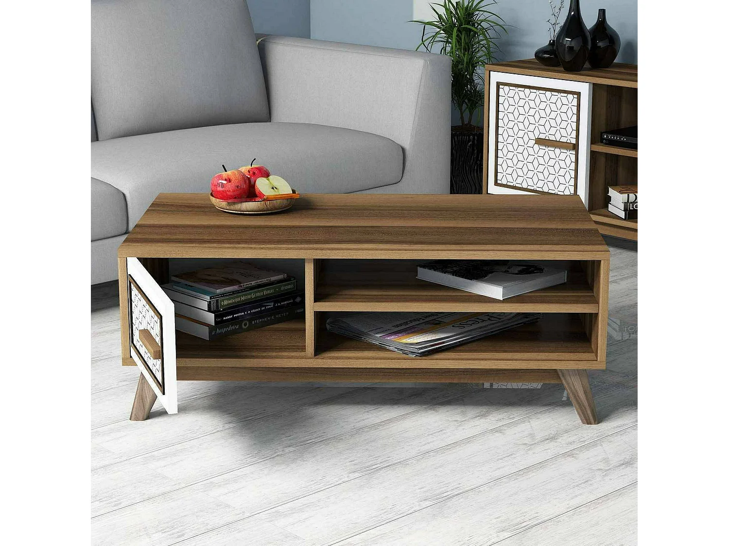 Dmorgant-sattafel, koffietafel, banktafel, woonkamerplank, 105x60h38 cm, walnoot en wit