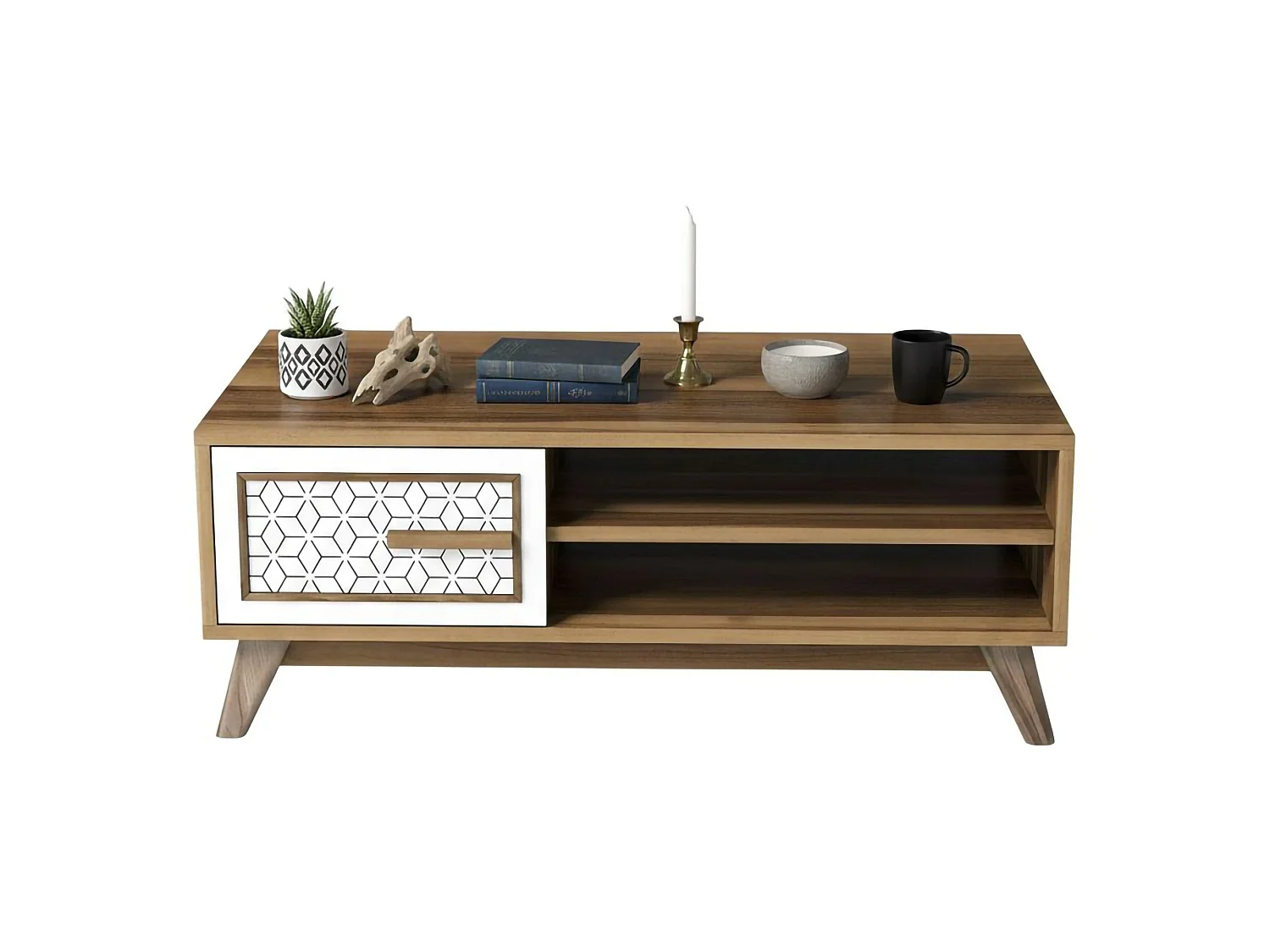 Mesa de café Dmorgant, Mesa de centro baja, Revistero para sofá, Estante de la sala de estar, 105x60h38 cm, Nogal y Blanco