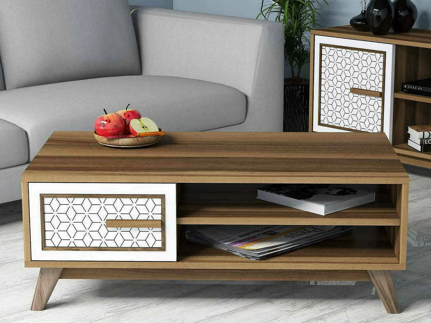 Mesa de café Dmorgant, Mesa de centro baja, Revistero para sofá, Estante de la sala de estar, 105x60h38 cm, Nogal y Blanco