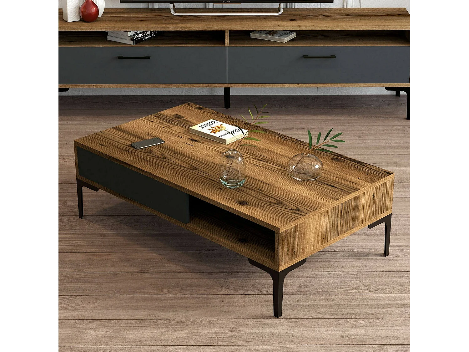 Mesa de sala de estar DjAgiell, Mesa baixa para café, Porta-revistas para sofá, Prateleira para sala de estar, 105x60h33 cm, Nogueira e Antracite