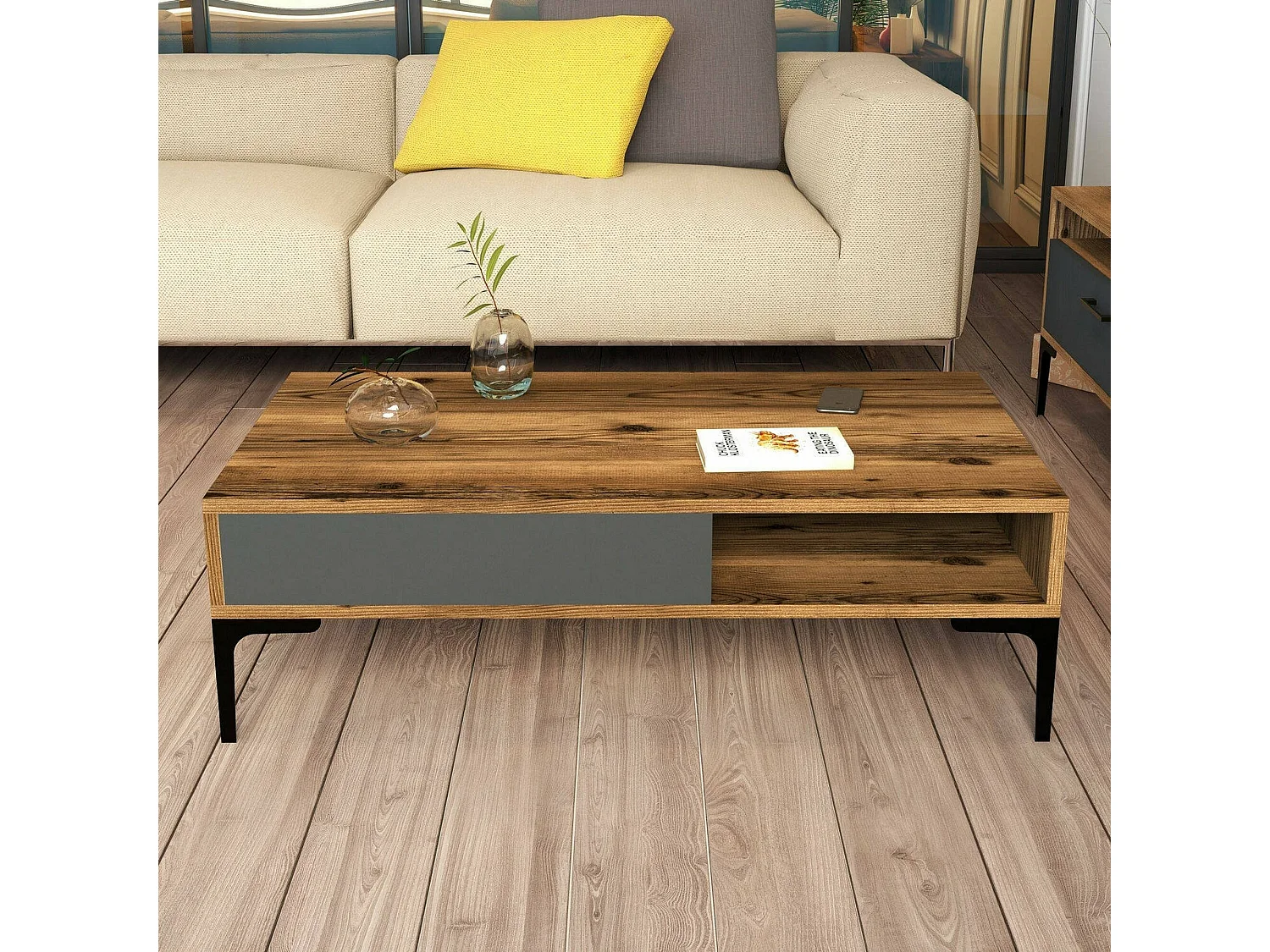 Table basse Diadem, Table basse, Porte-revues pour canapé, Etagère de salon, 105x60h33 cm, Noyer et Anthracite