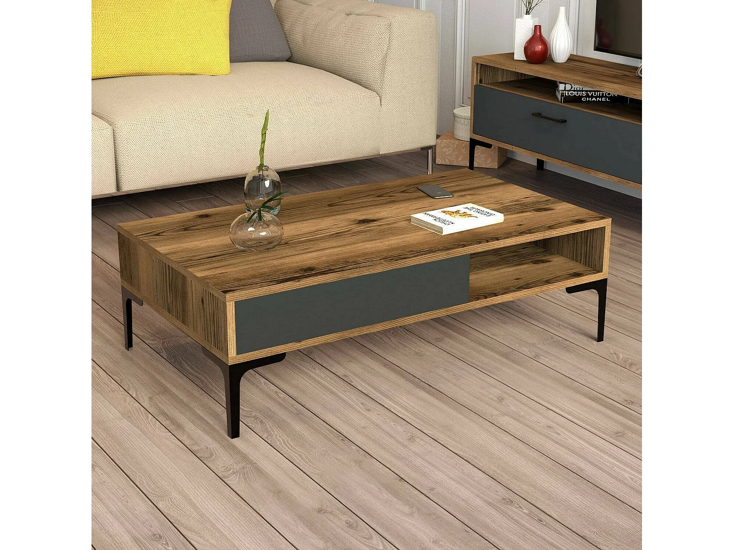 Table basse Diadem, Table basse, Porte-revues pour canapé, Etagère de salon, 105x60h33 cm, Noyer et Anthracite