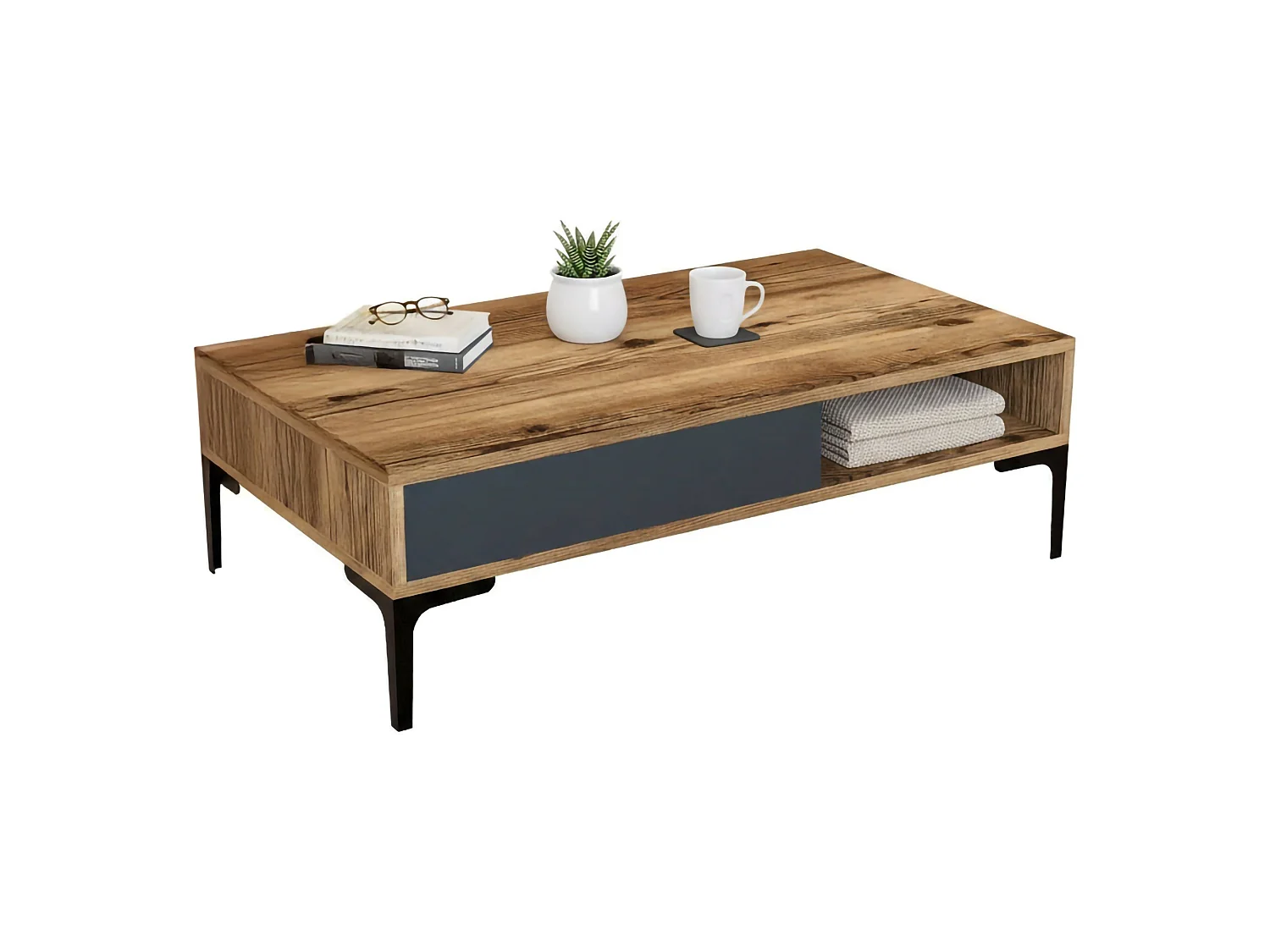Table basse Diadem, Table basse, Porte-revues pour canapé, Etagère de salon, 105x60h33 cm, Noyer et Anthracite