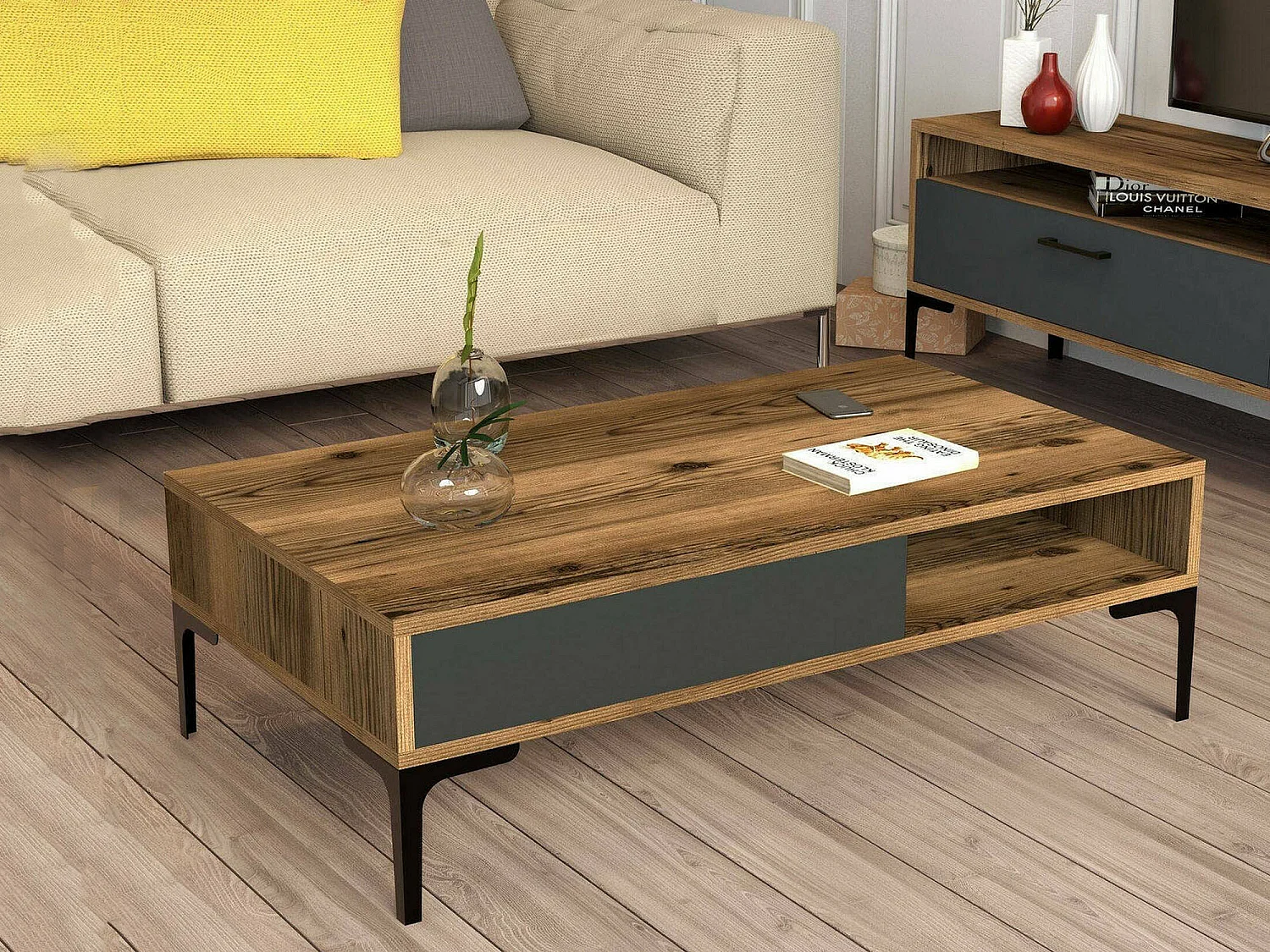 Table basse Diadem, Table basse, Porte-revues pour canapé, Etagère de salon, 105x60h33 cm, Noyer et Anthracite