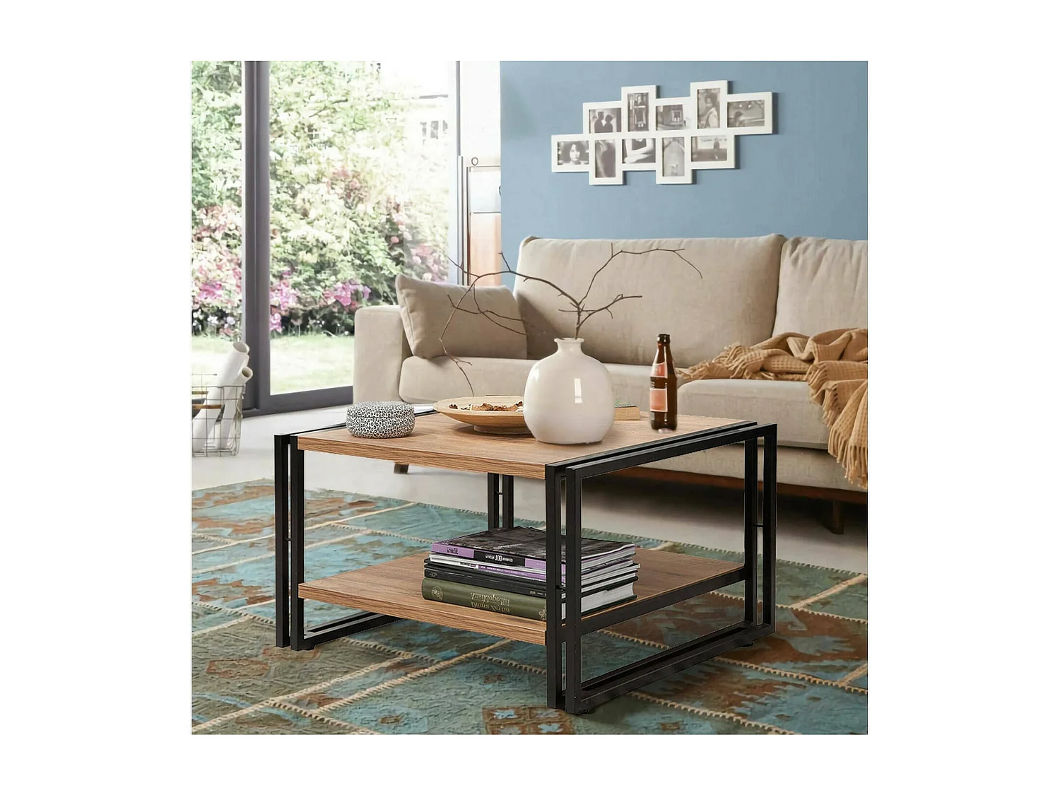 Table basse Sirius, Table basse, Porte-revues pour canapé, Etagère de salon, 70x70h40 cm, Chêne et Noir