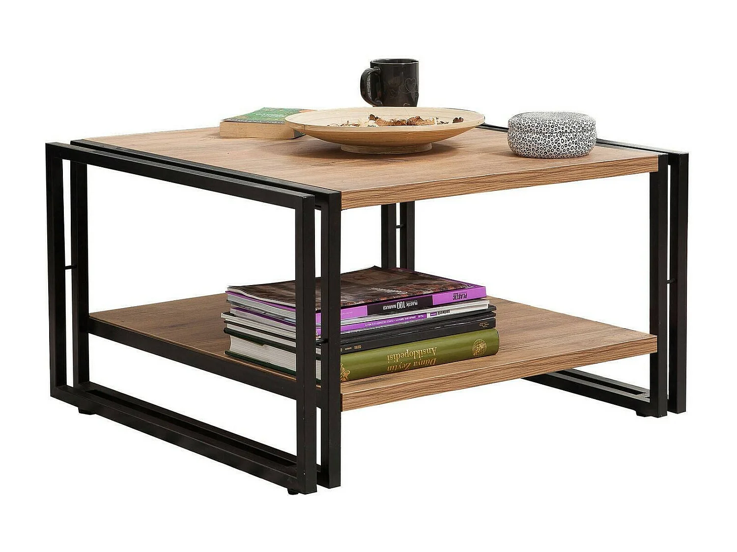 Table basse Sirius, Table basse, Porte-revues pour canapé, Etagère de salon, 70x70h40 cm, Chêne et Noir