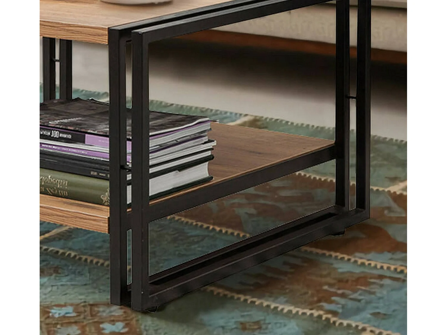 Table basse Sirius, Table basse, Porte-revues pour canapé, Etagère de salon, 70x70h40 cm, Chêne et Noir